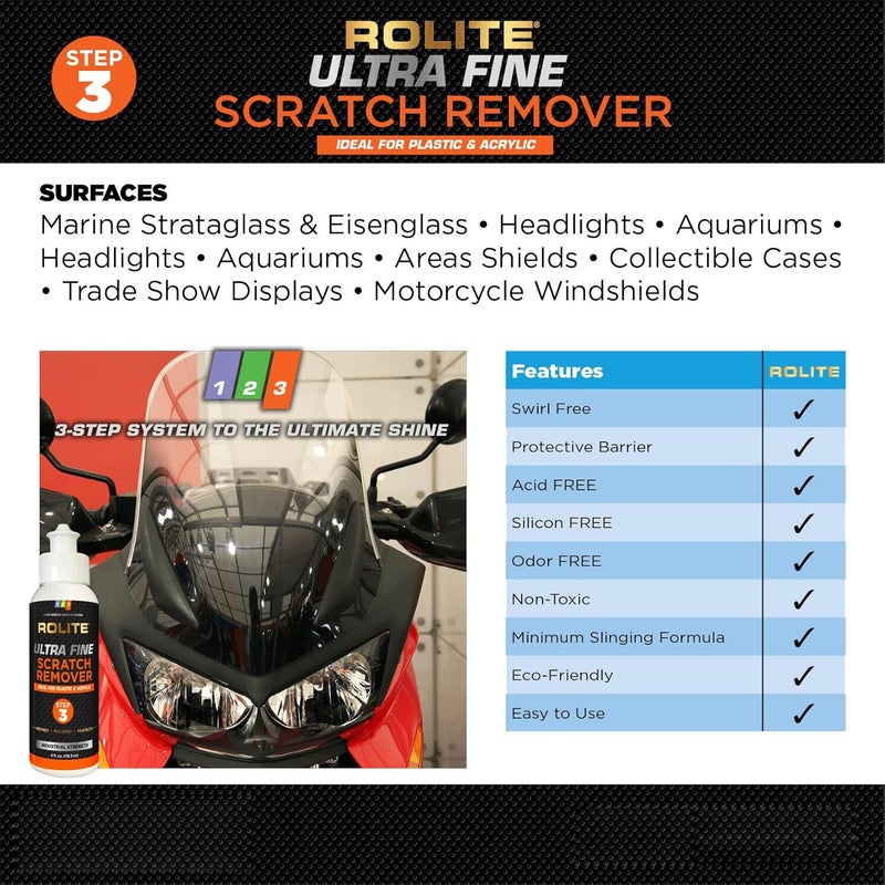 Rolite Ultra Fine Scratch Remover (8 fl. oz.) for Plastic & Acrylic Surfaces Including Marine Strataglass & Eisenglass, Headlights, Aquariums - Image 3